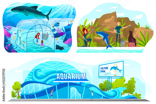 People in aquarium, dolphin show entertainment, vector illustration. Happy family leisure, mother and daughter in ocean aquarium. Dolphinarium performance, underwater zoo. Sea creatures, animal show