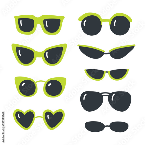 Vector illustration of sunglasses set black and green color and different shapes. For design and concept of sunny summer days. Fashionable things for women and men in doodle cute style isolated