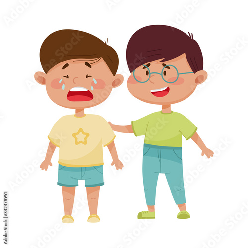 Friendly Little Boy Comforting His Crying Friend Vector Illustration