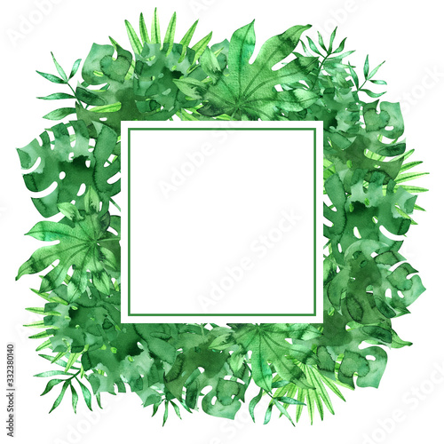 Square frame template with green watercolor tropical leaves. Exotic hand painted illustration isolated on white.