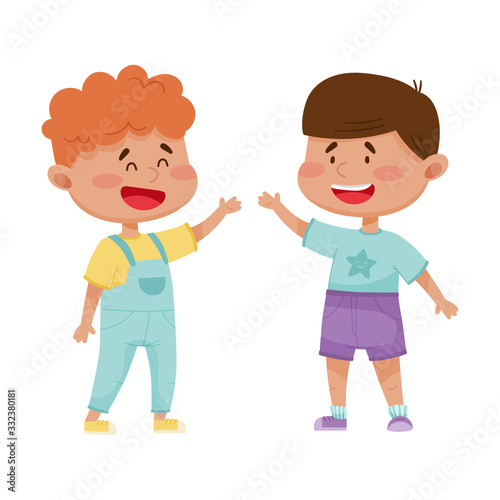 Little Boys Greeting and Cheering Each Other Vector Illustration