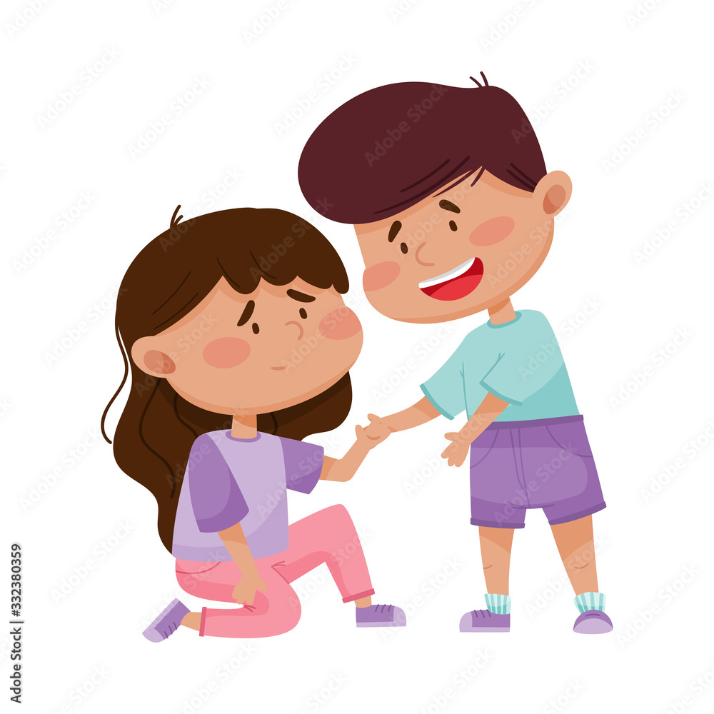 Friendly Little Boy Comforting and Supporting His Friend Vector Illustration Friendly Little Boy Comforting and Supporting His Friend Vector Illustration