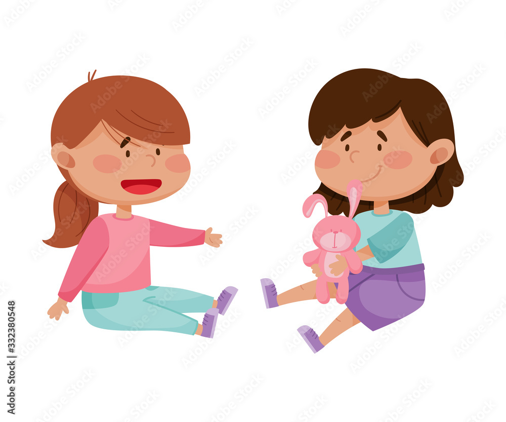 Red Cheeked Little Girl Sharing Toy Hare with Her Friend Vector Illustration Red Cheeked Little Girl Sharing Toy Hare with Her Friend Vector Illustration