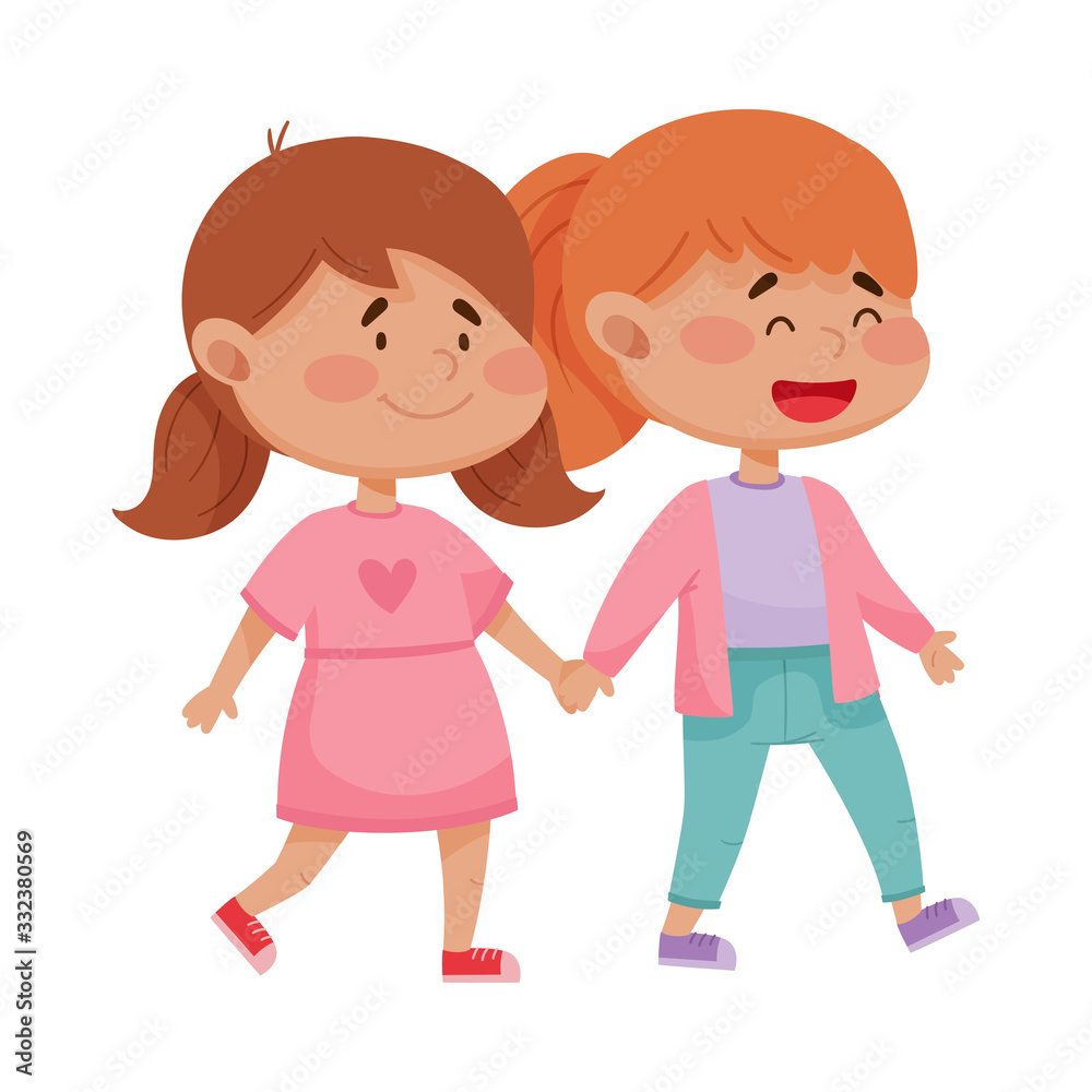 Little Red Cheeked Girls Holding Hands Vector Illustration