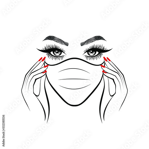 Woman in white protect medical face mask. Novel Coronavirus (2019-nCoV). Concept of coronavirus quarantine. Vector illustration. 