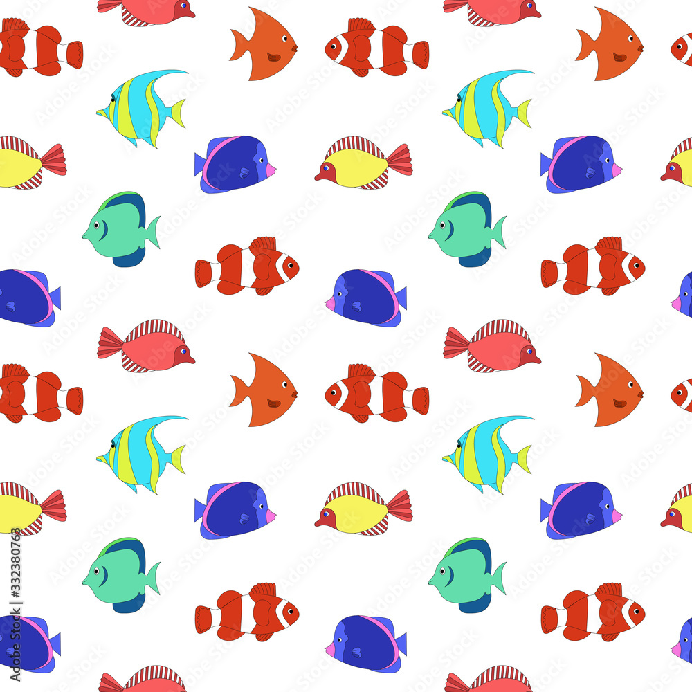 seamless pattern colored tropical Fish on white background, ornamental graphic fish, floral line pattern. Vector. concept for restaurant menu card