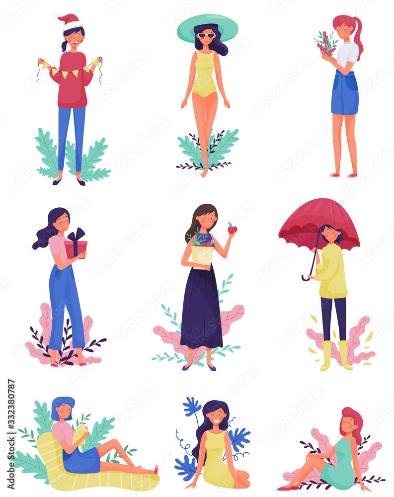 Girls Characters Doing Different Activities Vector Illustrations Set. Young Female Carrying Gift Box and Reading Book