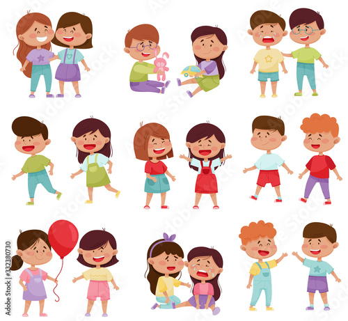 Friendly Little Kids Holding Hands and Cheering Up Each Other Vector Illustrations Set