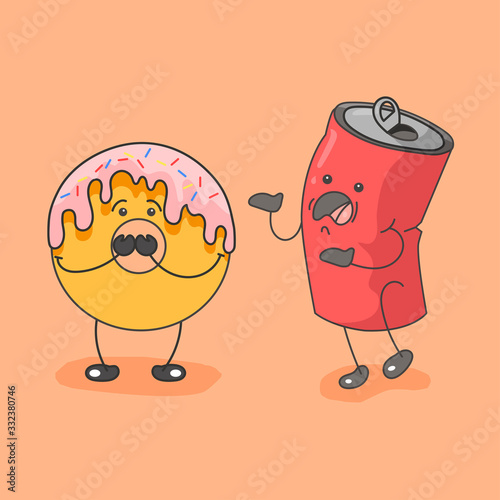 Fast food icon. Scared donut and sad can of cola.