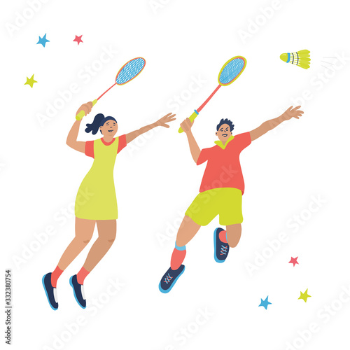 Mixed doubles badminton game. Man and woman jump to beat off a shuttlecock. Great sport poster. Vector illustration isolated on white background. Blue, yellow, red colors.