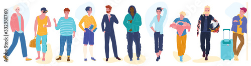Isolated men cartoon characters, male fashion models, vector illustration. People dressed in different style, fashion clothes collection lifestyle. Businessman, student, traveler, father and biker