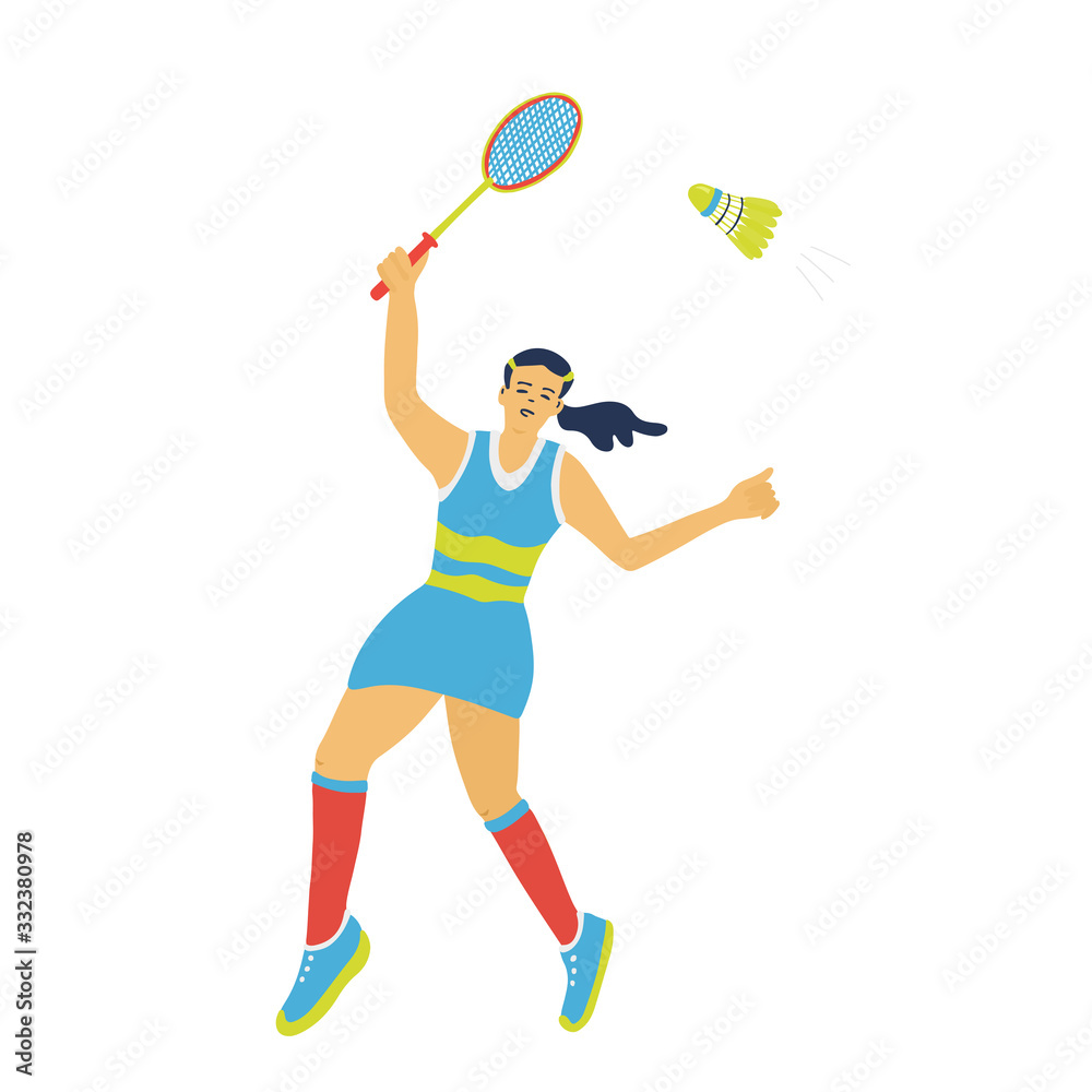 Singles badminton game. Woman swinging her racket to beat off a shuttlecock. Great for sport posters. Vector illustration isolated on white. Blue, yellow, red colors.
