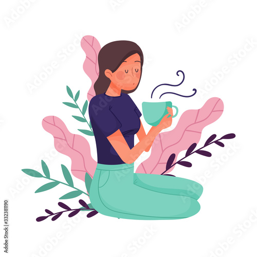 Young Dark-haired Girl Sitting on the Ground with Cup of Hot Beverage with Floral Leaves Behind Vector Illustration