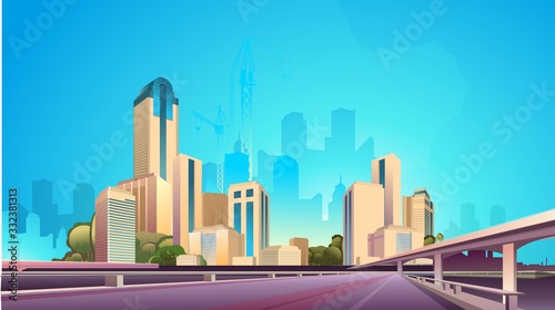City street buildings, skyline view