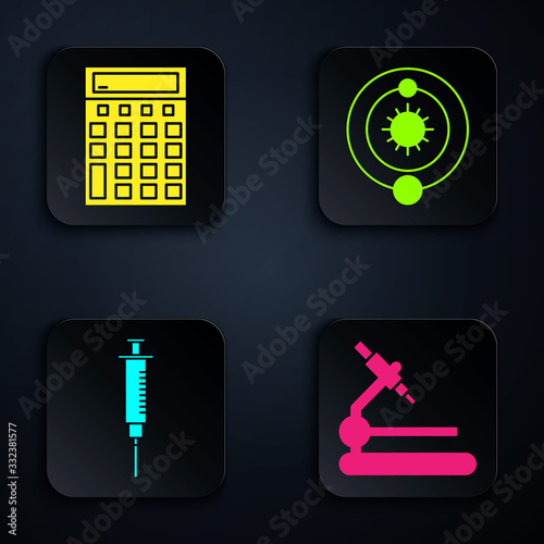 Set Microscope, Calculator, Syringe and Solar system. Black square button. Vector