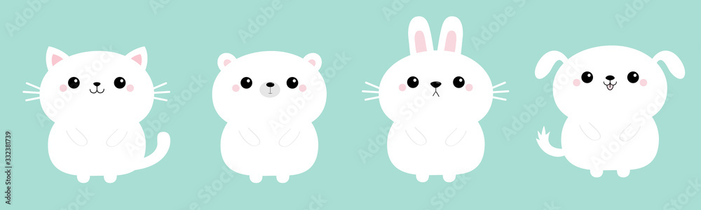White cat kitten kitty, bear, dog puppy, rabbit bunny hare icon set line.  Kawaii animal. Cute cartoon character. Funny baby. Love card. Flat design.  Isolated. Blue background. Stock Vector | Adobe Stock