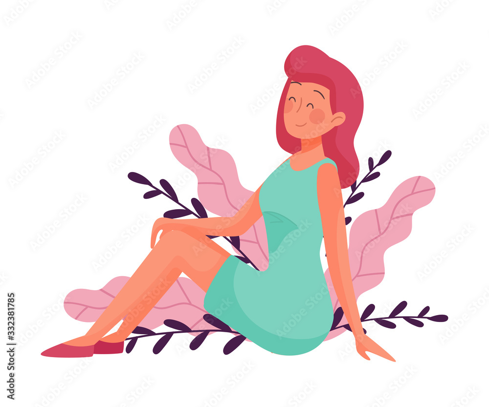 Obraz premium Happy Girl Sitting and Posing Near Botanical Plants Vector Illustration