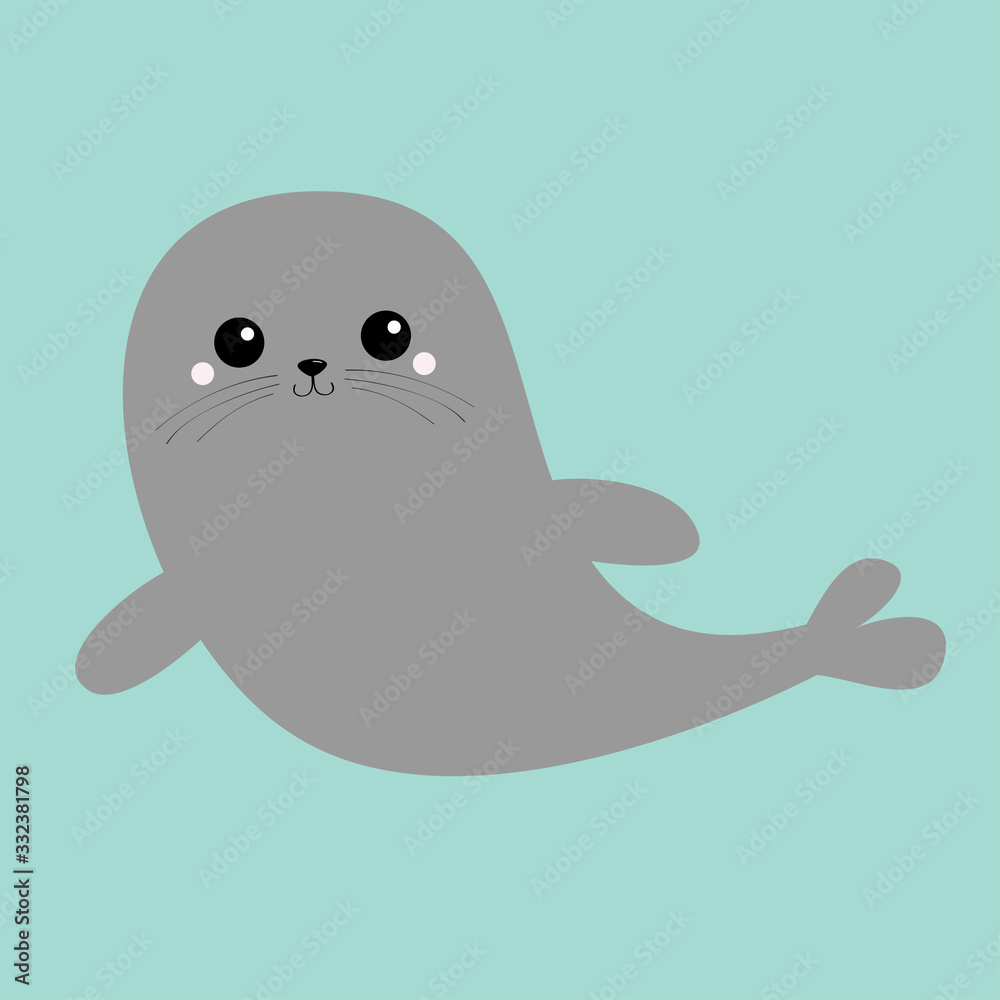 Sea lion. Harp seal pup set. Cute cartoon kawaii character. Happy animal collection. Sea ocean water. Blue background. Isolated. Flat design Sea lion. Harp seal pup set. Cute cartoon kawaii character. Happy animal collection. Sea ocean water. Blue background. Isolated. Flat design