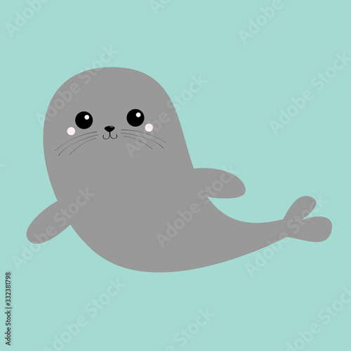 Sea lion. Harp seal pup set. Cute cartoon kawaii character. Happy animal collection. Sea ocean water. Blue background. Isolated. Flat design