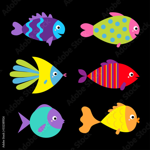 Fish icon set. Cute cartoon kawaii funny character. Colorful aquarium sea ocean animals. Baby kids collection. Marine life. Isolated. Black background. Flat design.