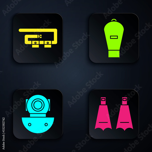 Set Rubber flippers for swimming, Diving belt, Aqualung and Lift bag. Black square button. Vector