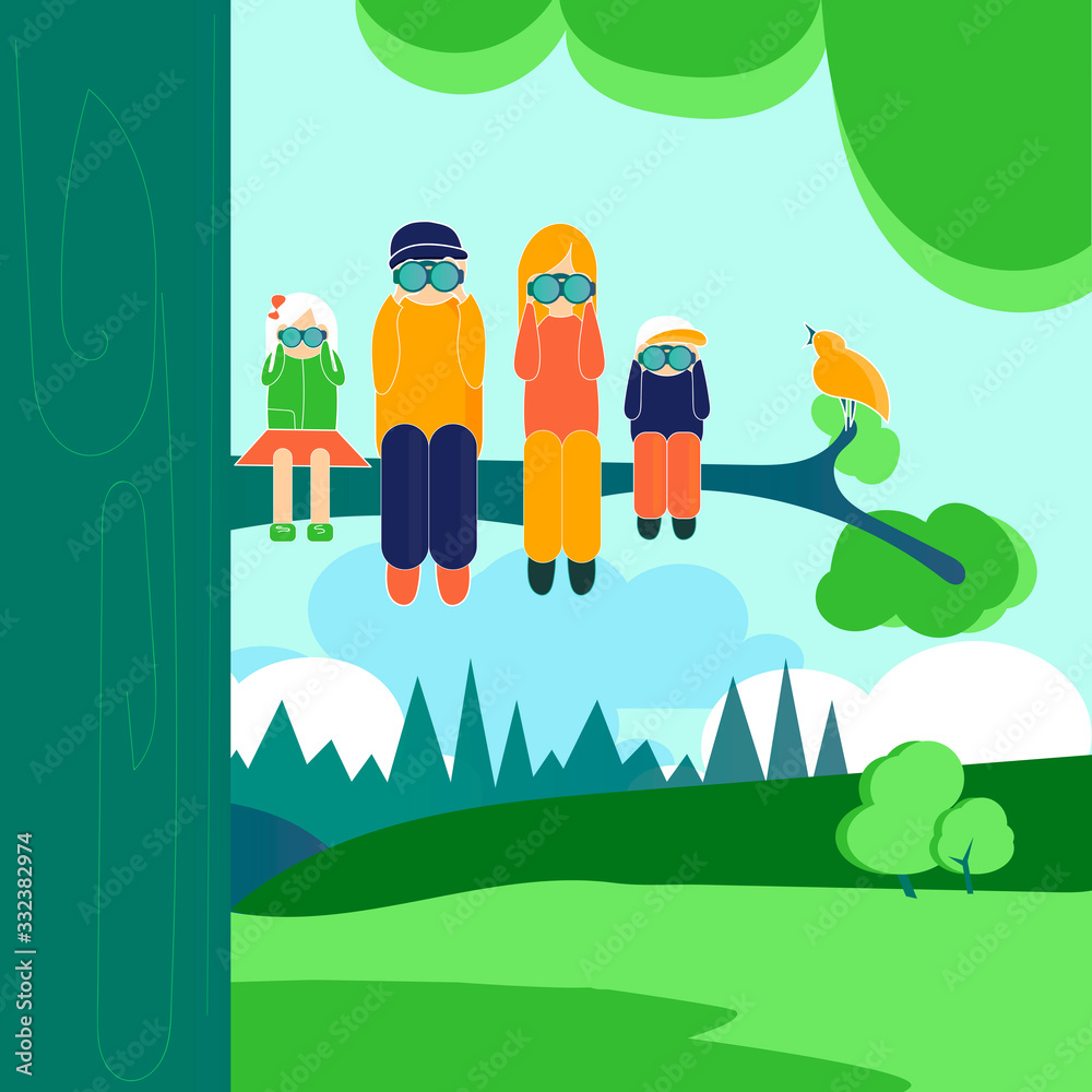 Fototapeta premium Family hiking outdoors. Cartoon vector color illustration