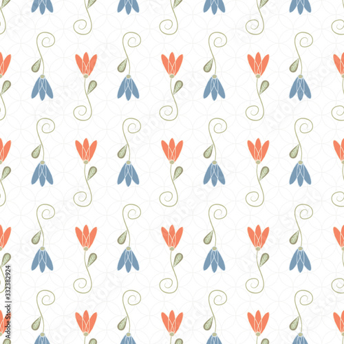 Vector Blue Orange Flowers on White Background Seamless Repeat Pattern. Background for textile, book covers, manufacturing, wallpapers, print, gift wrap and scrapbooking.