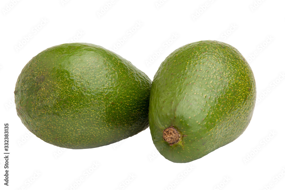  two ripe avocado fruits on a white background