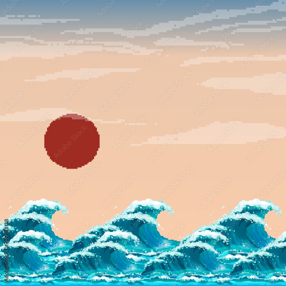 Obraz Pixel art of asian illustration of ocean waves and sun. Japanese waves, motif. Pixel art 8 bit.