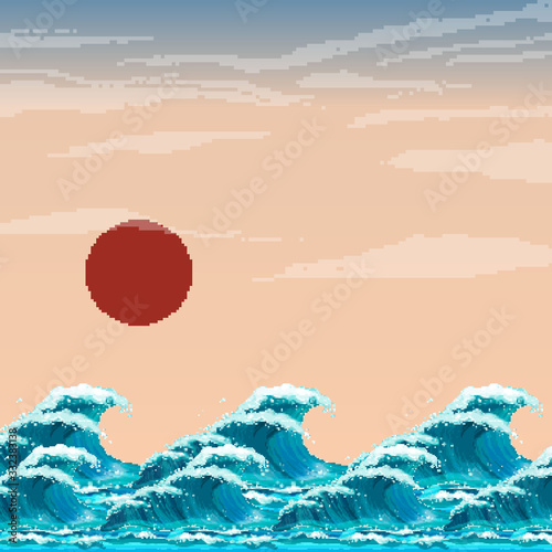 Obraz na płótnie Pixel art of asian illustration of ocean waves and sun. Japanese waves, motif. Pixel art 8 bit.