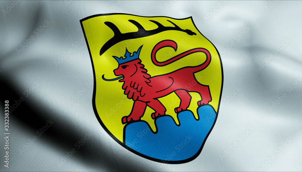 3D Waving Germany City Coat of Arms Flag of Vaihingen an der Enz Closeup View
