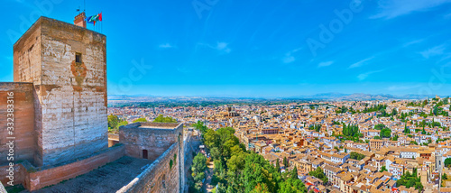 Granada cityscape with Watch Tower of Alcazaba, Alhambra, Spain