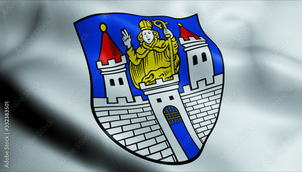 Naklejka premium 3D Waving Germany City Coat of Arms Flag of Tittmoning Closeup View