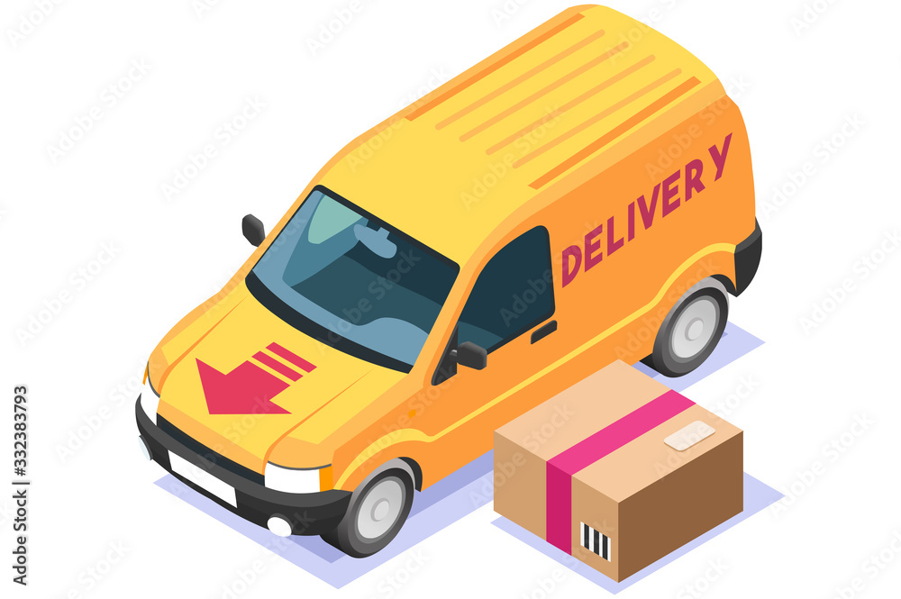 Symbolic commercial freight delivery symbol. Courier truck of delivery boy with in house parcel, commerce at home sign. Vector illustration. Home Express food deliver, online commercial order concept. Symbolic commercial freight delivery symbol. Courier truck of delivery boy with in house parcel, commerce at home sign. Vector illustration. Home Express food deliver, online commercial order concept.