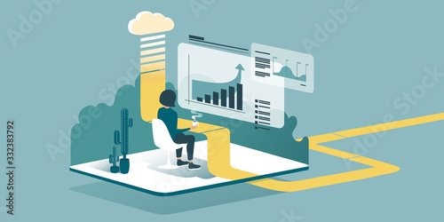 Isometric drawing explaining how cloud computing enhances our ability to learn and work anywhere. Accountants or economists work from home through the cloud. Technical vector illustration.