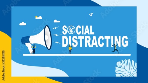 social distracting.a large megaphone with social distracting and Tiny People Character Concept Vector Illustration, Suitable For web landing page,Wallpaper, Background,banner