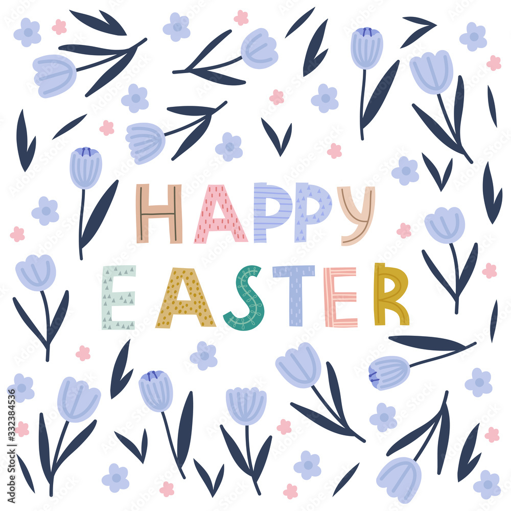 Happy Easter greeting, hand drawn lettering, violet tulips and leaves as background. Easter celebration.