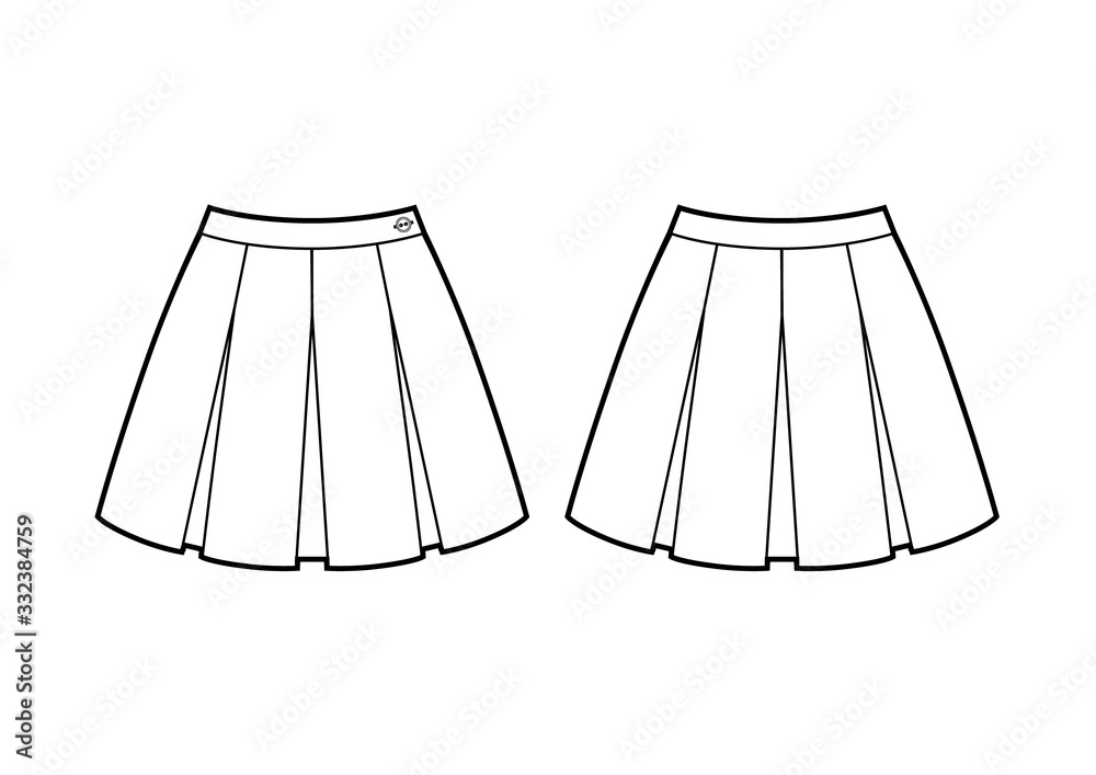 school skirt with four folds fashion flat sketch. front and back view Stock Vector Adobe Stock
