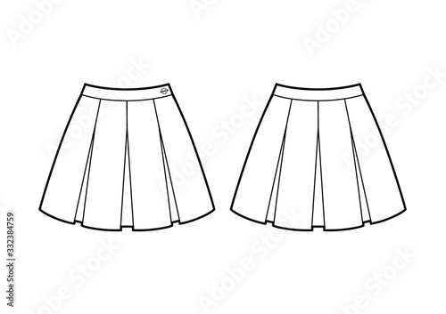 school skirt with four folds fashion flat sketch. front and back view