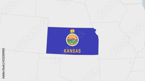 US State Kansas map highlighted in Kansas flag colors and pin of country capital Topeka.