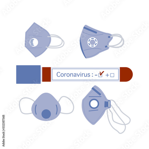 Vector illustration Blood tube, negative Chinese corona virus ncov test. Masks Protect from 2019-nCoV. China pathogen respiratory coronavirus SARS pandemic risk alert Medicine Design for web, print