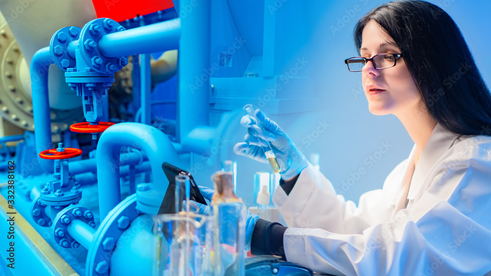 Technologist in the chemical industry. Concept - Lab Chemical Factory. Girl working agrochemist. Laboratory assistant checks the quality of the samples. Concept - chemical technologist in a factory Technologist in the chemical industry. Concept - Lab Chemical Factory. Girl working agrochemist. Laboratory assistant checks the quality of the samples. Concept - chemical technologist in a factory