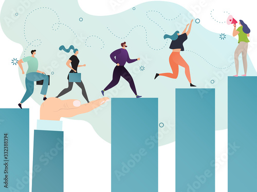 Motivation successful business people, team leader goal concept vector illustration. Entrepreneur career achievement, men women cartoon characters running upwards to achieve graph chart bars report