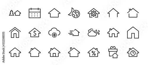 Simple set of line vector home icons. Contains house symbols at interest, infuse house and more. Editable stroke. 480x480 pixels perfect