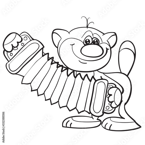 cat plays the accordion, outline drawing, cartoon, isolated object on a white background, vector illustration, eps
