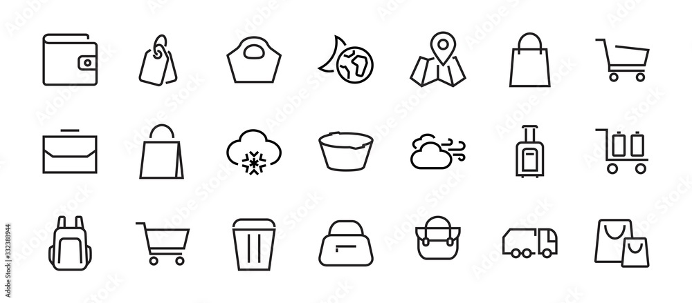 A simple set of bags, shopping and travel icons. Vector illustration Contains icons such as Card, wallet, shopping basket, discount, bowl, package. On a white background, editable stroke. 48x48 pixels