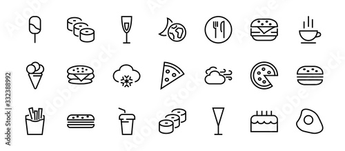   A simple set of fast food icons related to the vector line. Contains icons such as pizza, burger, sushi, bike, scrambled eggs and more. EDITABLE stroke. 480x480 pixels perfect, EPS 10