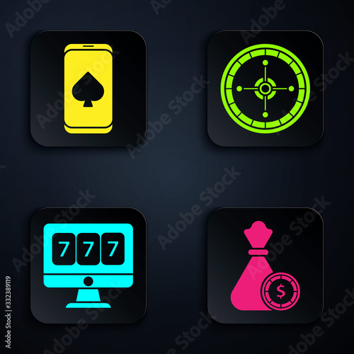 Set Money bag and casino chips, Online poker table game, Online slot machine with lucky sevens jackpot and Casino roulette wheel. Black square button. Vector