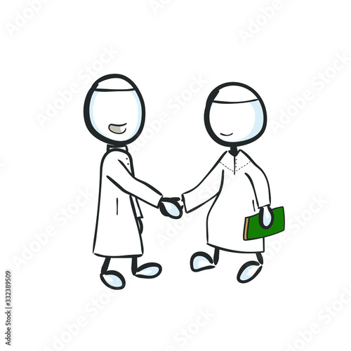 Muslim brothers giving salaam. Muslims greeting handshake. Hand drawn. Stickman cartoon. Doodle sketch, Vector graphic illustration