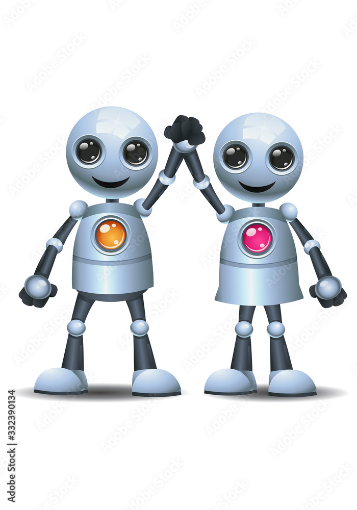 3d illustration of little robot couple holding hand rise hand 3d illustration of little robot couple holding hand rise hand